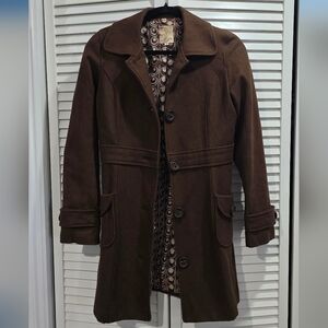 Anthropologie / Tulle - Brown Wool Over Coat with Chunky Button Details